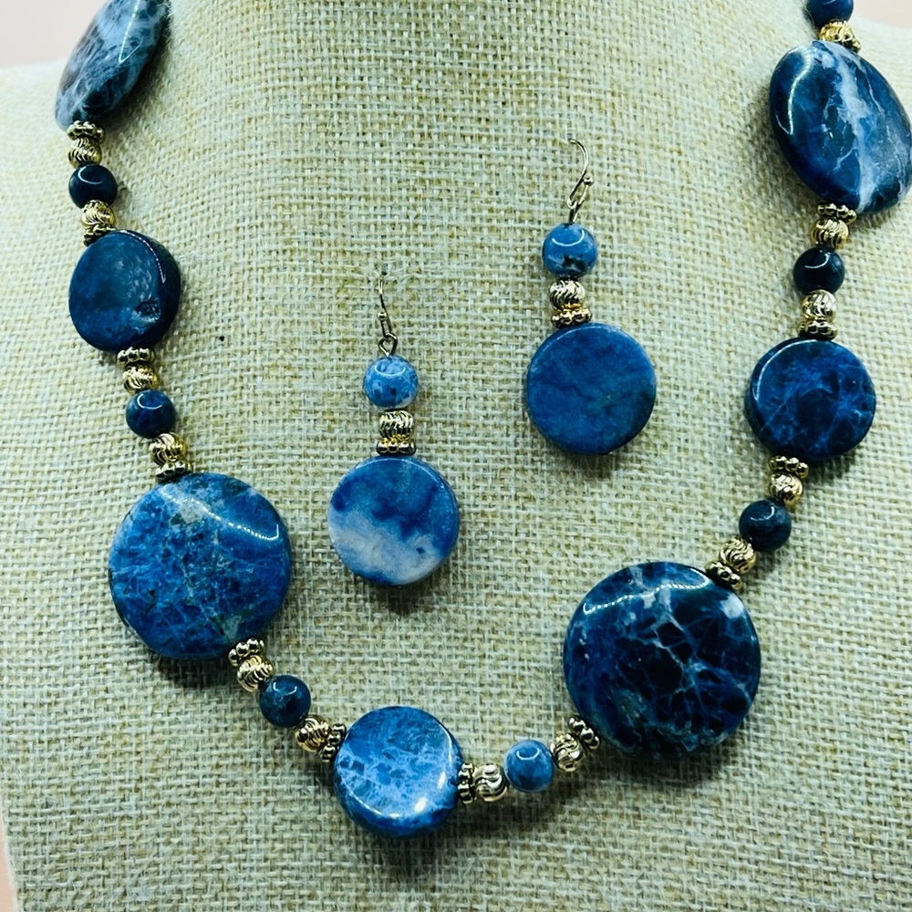 Stauer Necklace & Earring Set In Beautiful Blue Sodalite & Gilt